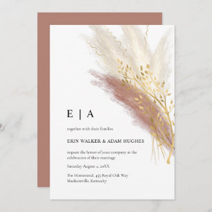 Elegante Monogram Boho Pink Gold Pampas Grass Invi Einladung