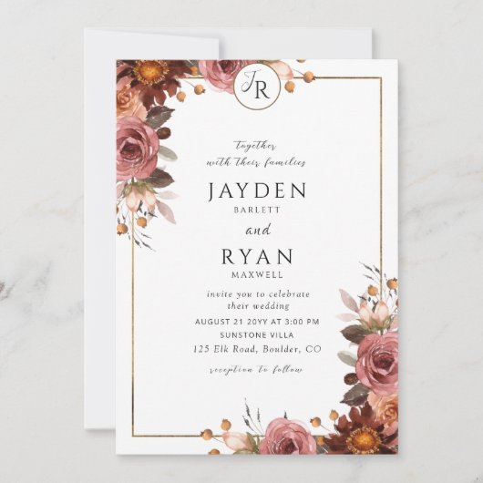 Elegante Monogram Burgundy and Blush Wedding Einladung (Vorderseite)