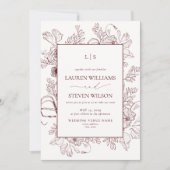 Elegante Monogram Burgundy Floral Line Art Wedding Einladung (Vorderseite)