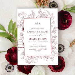 Elegante Monogram Burgundy Floral Line Art Wedding Einladung