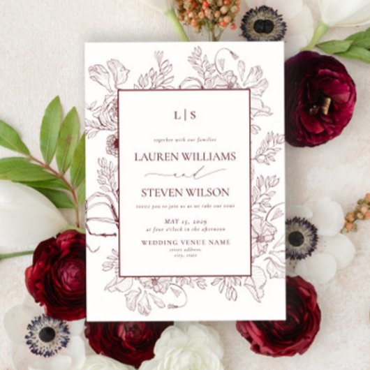 Elegante Monogram Burgundy Floral Line Art Wedding Einladung
