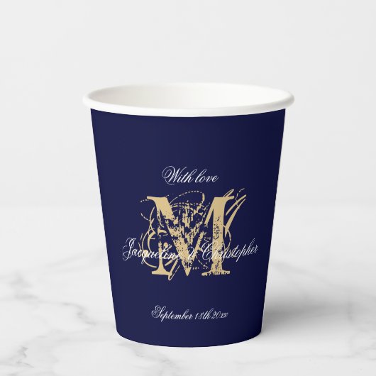 Elegante Monogram Chic Script Navy Blue Wedding Pappbecher (Rückseite)