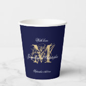 Elegante Monogram Chic Script Navy Blue Wedding Pappbecher (Vorderseite)