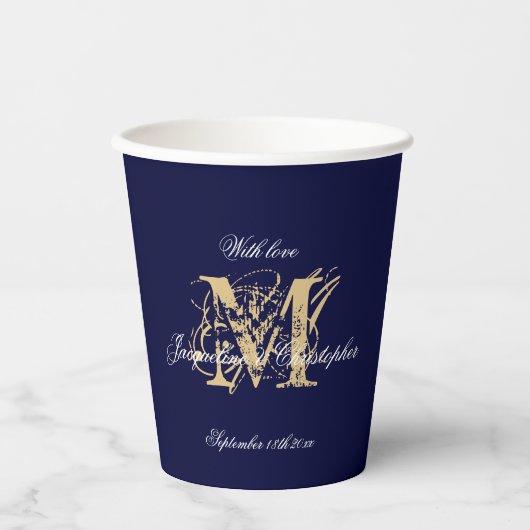Elegante Monogram Chic Script Navy Blue Wedding Pappbecher (Vorderseite)
