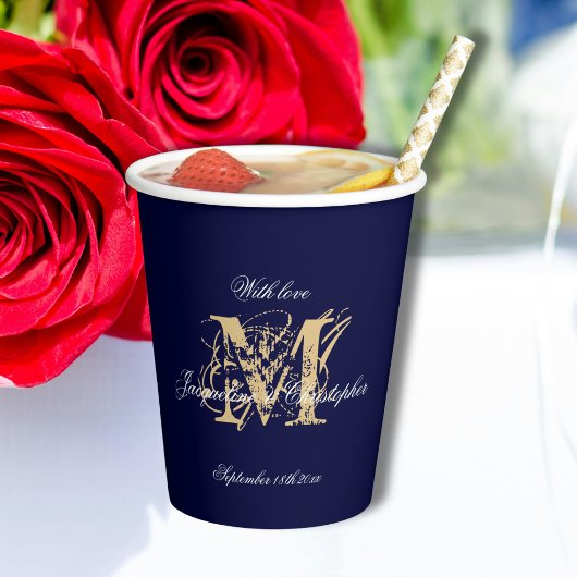 Elegante Monogram Chic Script Navy Blue Wedding Pappbecher