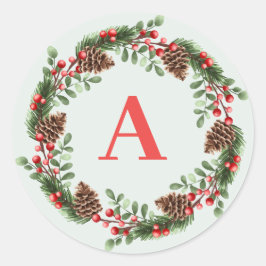 Elegante Monogram Christmas Cones Wreath Runder Aufkleber