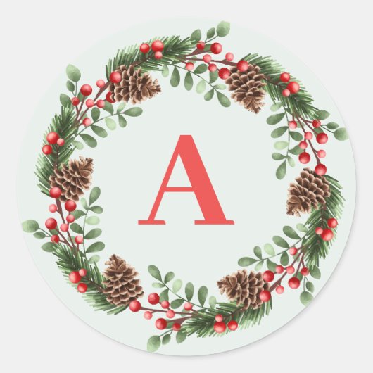 Elegante Monogram Christmas Cones Wreath Runder Aufkleber (Vorderseite)