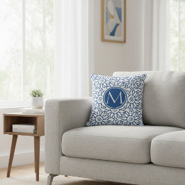 Elegante Monogram Classic Blue Sunflower Kissen