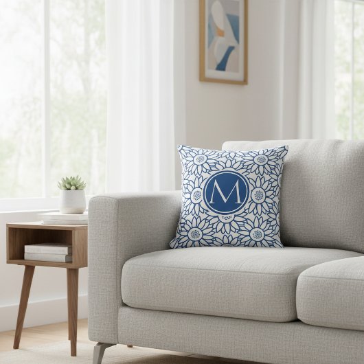 Elegante Monogram Classic Blue Sunflower Kissen
