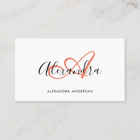 Elegante Monogram Coral Pink Black Script Name Visitenkarte (Vorderseite)