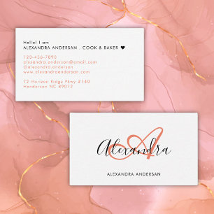 Elegante Monogram Coral Pink Black Script Name Visitenkarte