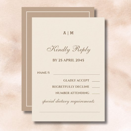 Elegante Monogram Cream Taupe Wedding RSVP Card Karte