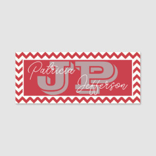 Elegante Monogram Crimson Red Zickzack: Beruflich Namensschild