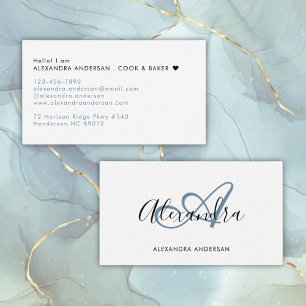 Elegante Monogram Dusty Blue Black Script Name Visitenkarte
