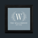 Elegante Monogram Dusty Blue Familienname Erinnerungskiste<br><div class="desc">Diese staubblaue und weiße Geschenkboxen ist mit einem Lorbeer-Monogramm,  Ihrem Namen und Ihrem Hochzeitstag dekoriert. Ideal für Hochzeiten und Jubiläumsgeschenke. Personalisieren Sie es mit Ihrem Anfangs-,  Namen- und Hochzeitsdatum. Es gibt eine Vielzahl von Farben. Entworfen für Sie von BlackBerry Boulevard.</div>