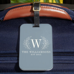 Elegante Monogram Dusty Blue Familienname Gepäckanhänger