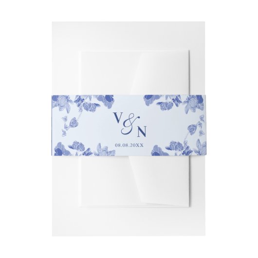 Elegante Monogram Dusty Blue Floral Wedding Einladungsbanderole (Vorderseite Beispiel)