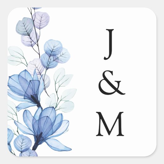 Elegante Monogram Dusty Blue Floral Wedding Quadratischer Aufkleber (Vorderseite)