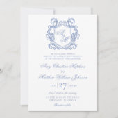 Elegante Monogram Dusty Blue Wappen Wedding Einladung (Vorderseite)