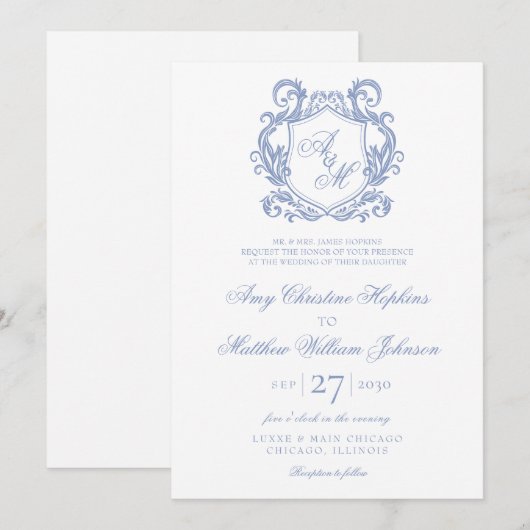 Elegante Monogram Dusty Blue Wappen Wedding Einladung (Vorne/Hinten)