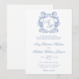 Elegante Monogram Dusty Blue Wappen Wedding Einladung