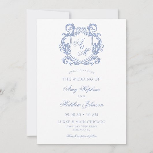 Elegante Monogram Dusty Blue Wappen Wedding Einladung (Vorderseite)
