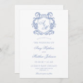 Elegante Monogram Dusty Blue Wappen Wedding Einladung (Vorne/Hinten)