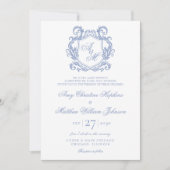 Elegante Monogram Dusty Blue Wappen Wedding Einladung (Vorderseite)