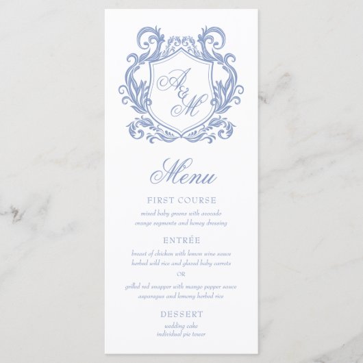 Elegante Monogram Dusty Blue Wappen Wedding Menükarte (Vorderseite)