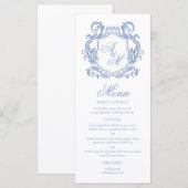 Elegante Monogram Dusty Blue Wappen Wedding Menükarte (Vorne/Hinten)