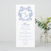 Elegante Monogram Dusty Blue Wappen Wedding Menükarte (Stehend Vorderseite)
