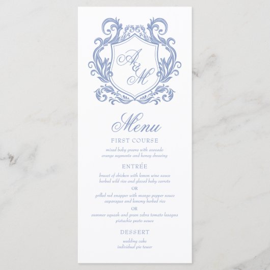 Elegante Monogram Dusty Blue Wappen Wedding Menükarte (Vorderseite)