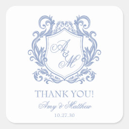 Elegante Monogram Dusty Blue Wappen Wedding Quadratischer Aufkleber