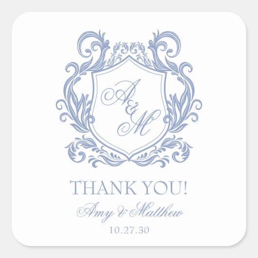 Elegante Monogram Dusty Blue Wappen Wedding Quadratischer Aufkleber (Vorderseite)