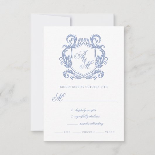 Elegante Monogram Dusty Blue Wappen Wedding RSVP Karte (Vorderseite)