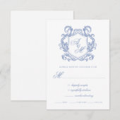 Elegante Monogram Dusty Blue Wappen Wedding RSVP Karte (Vorne/Hinten)