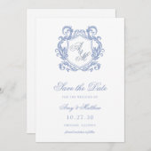 Elegante Monogram Dusty Blue Wappen Wedding Save The Date (Vorne/Hinten)