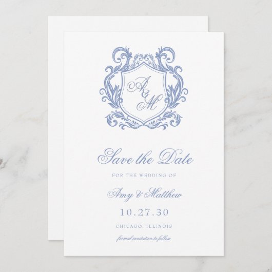Elegante Monogram Dusty Blue Wappen Wedding Save The Date (Vorne/Hinten)