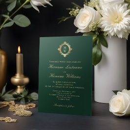Elegante Monogram Emerald Green Gold Wedding Einladung