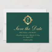 Elegante Monogram Emerald Green Gold Wedding Save The Date (Vorderseite)