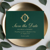 Elegante Monogram Emerald Green Gold Wedding Save The Date