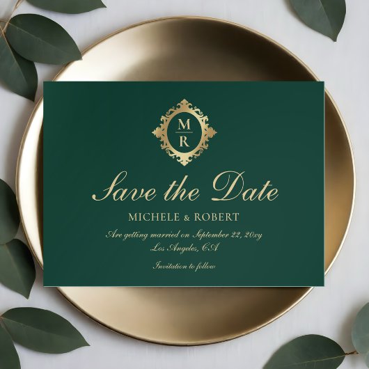 Elegante Monogram Emerald Green Gold Wedding Save The Date