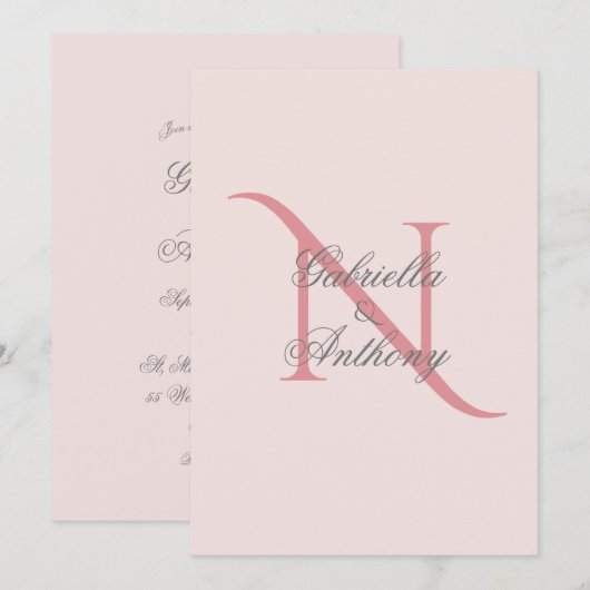 Elegante Monogram, erste rosa Hochzeit Einladung (Vorne/Hinten)