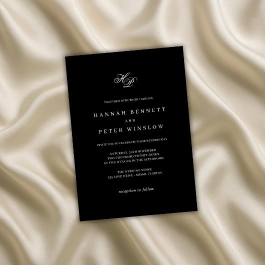 Elegante Monogram Erstklassige Schwarz-Weiß-Hochze Einladung