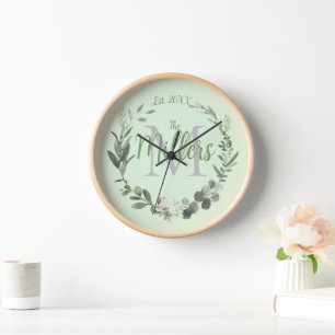 Elegante Monogram Familienname Foilage Round Clock Uhr