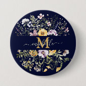 Elegante Monogram Farbenfrohe Wildblume Garten Blu Button (Vorderseite)