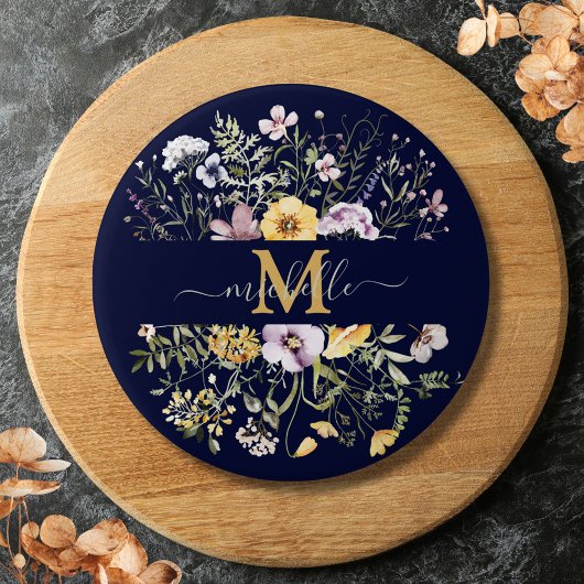 Elegante Monogram Farbenfrohe Wildblume Garten Blu Button