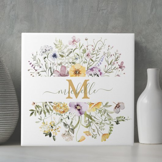 Elegante Monogram Farbenfrohe Wildblume Garten Blu Fliese