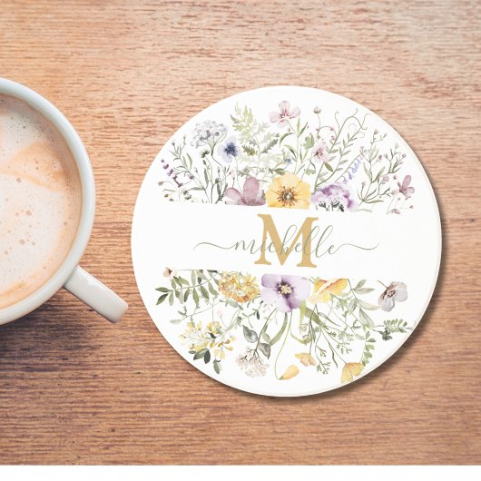 Elegante Monogram Farbenfrohe Wildblume Garten Blu Getränkeuntersetzer