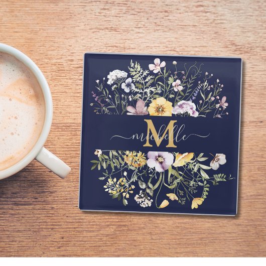 Elegante Monogram Farbenfrohe Wildblume Garten Blu Glasuntersetzer